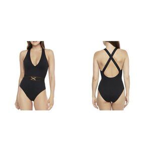 La Blanca Black One Piece Swimsuit Women's LBOPL17 Size 16 Mesh Gold Trim NEW